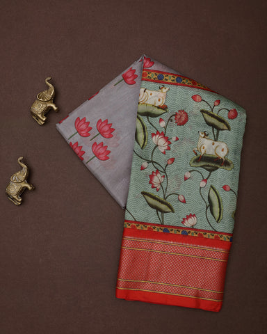 Light Blue Grey Kalamkari Digital saree Print Silk Light Blue Grey Kalamkari Digital saree Print Silk