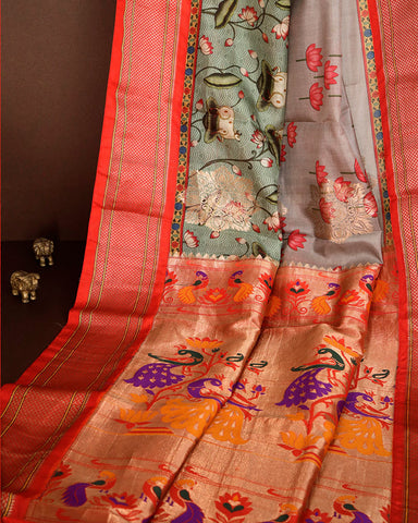 Light Blue Grey Kalamkari Digital saree Print Silk Light Blue Grey Kalamkari Digital saree Print Silk