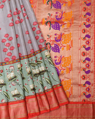 Light Blue Grey Kalamkari Digital saree Print Silk Light Blue Grey Kalamkari Digital saree Print Silk