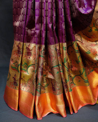 Majestic Purple Brocade Checks with Meenakari Paithani Elegance Majestic Purple Brocade Checks with Meenakari Paithani Elegance