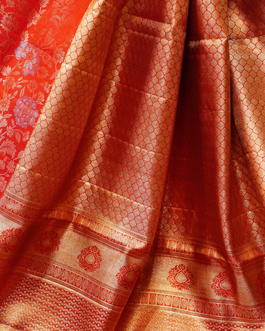 Bright Red Kanjivaram Silk Saree with Floral Elegance Bright Red Kanjivaram Silk Saree with Floral Elegance