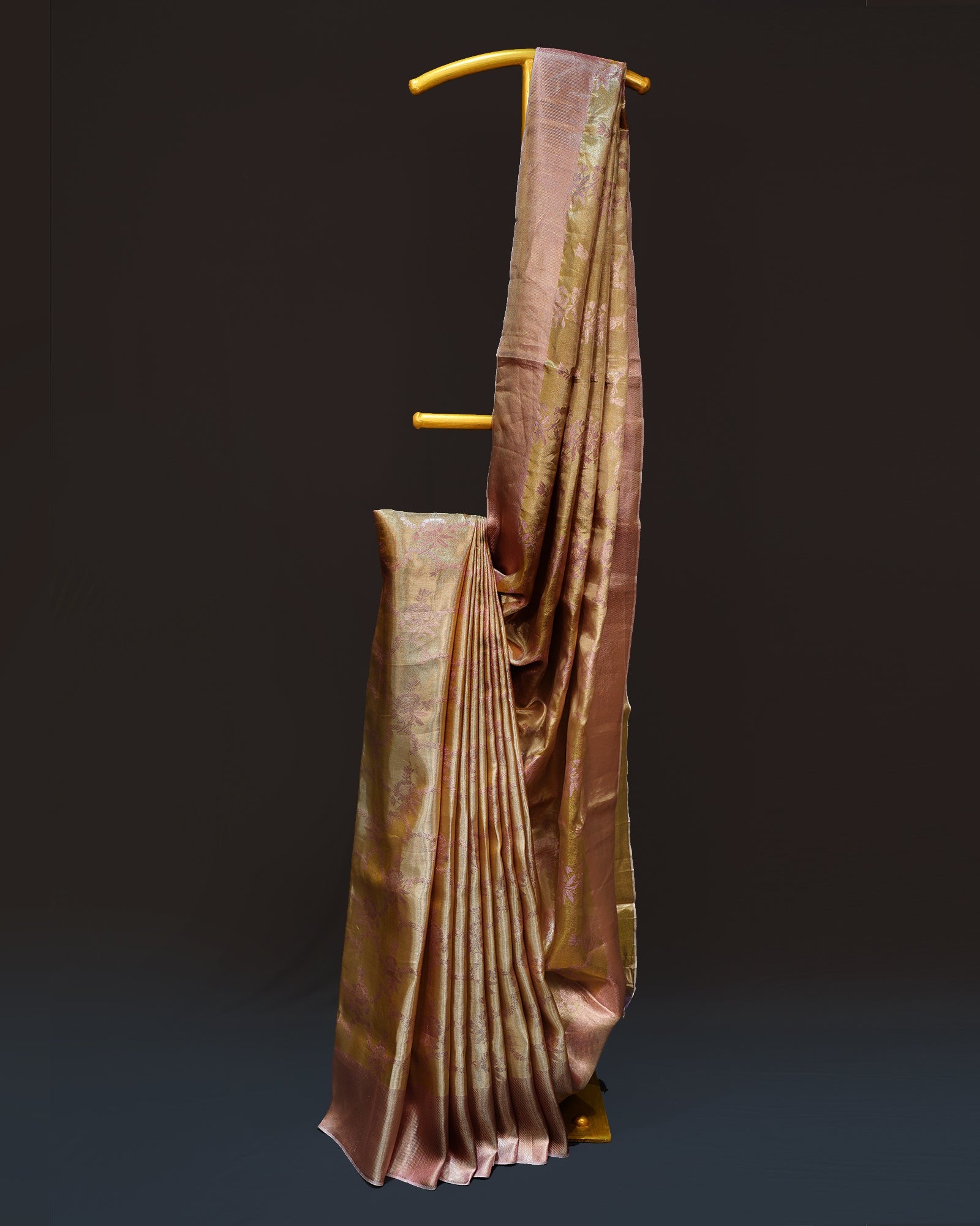 Elegant Rose Gold Tissue Kanjivaram Silk Saree with Floral Charm Elegant Rose Gold Tissue Kanjivaram Silk Saree with Floral Charm