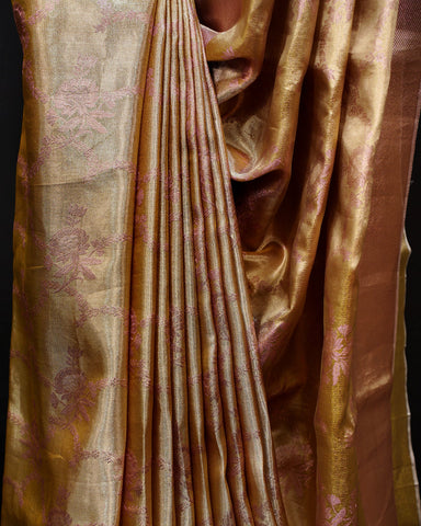 Elegant Rose Gold Tissue Kanjivaram Silk Saree with Floral Charm Elegant Rose Gold Tissue Kanjivaram Silk Saree with Floral Charm