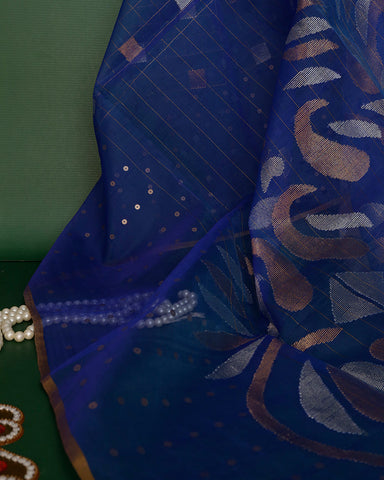 Royal Blue Dhakai Linen Saree Royal Blue Dhakai Linen Saree