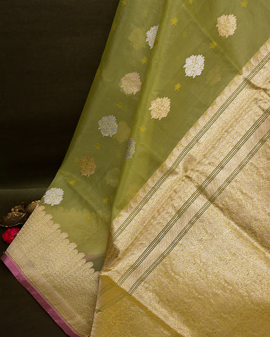 Pista green kora banarasi saree