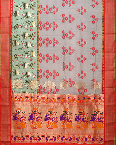 Light Blue Grey Kalamkari Digital saree Print Silk