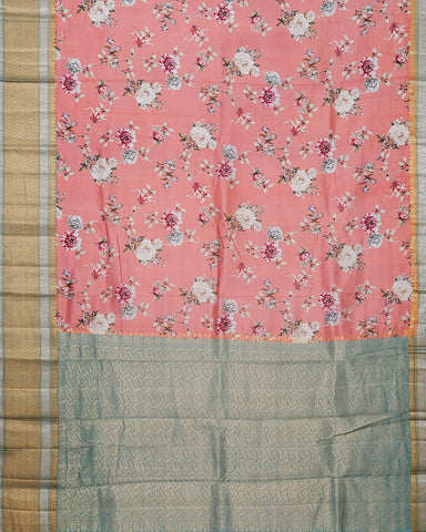 Peach pink printed kanchivaram saree