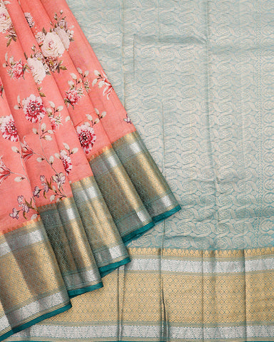 Peach pink printed kanchivaram saree