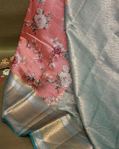 Peach pink printed kanchivaram saree