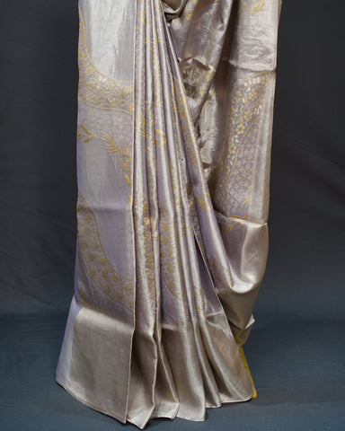 Graceful Grey Tissue Kanjivaram Silk Saree with Floral Weaving