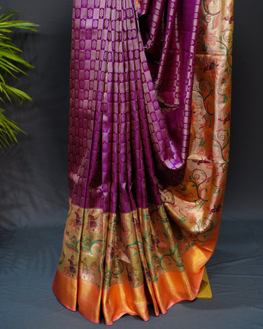 Majestic Purple Brocade Checks with Meenakari Paithani Elegance