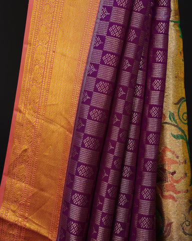 Majestic Purple Brocade Checks with Meenakari Paithani Elegance