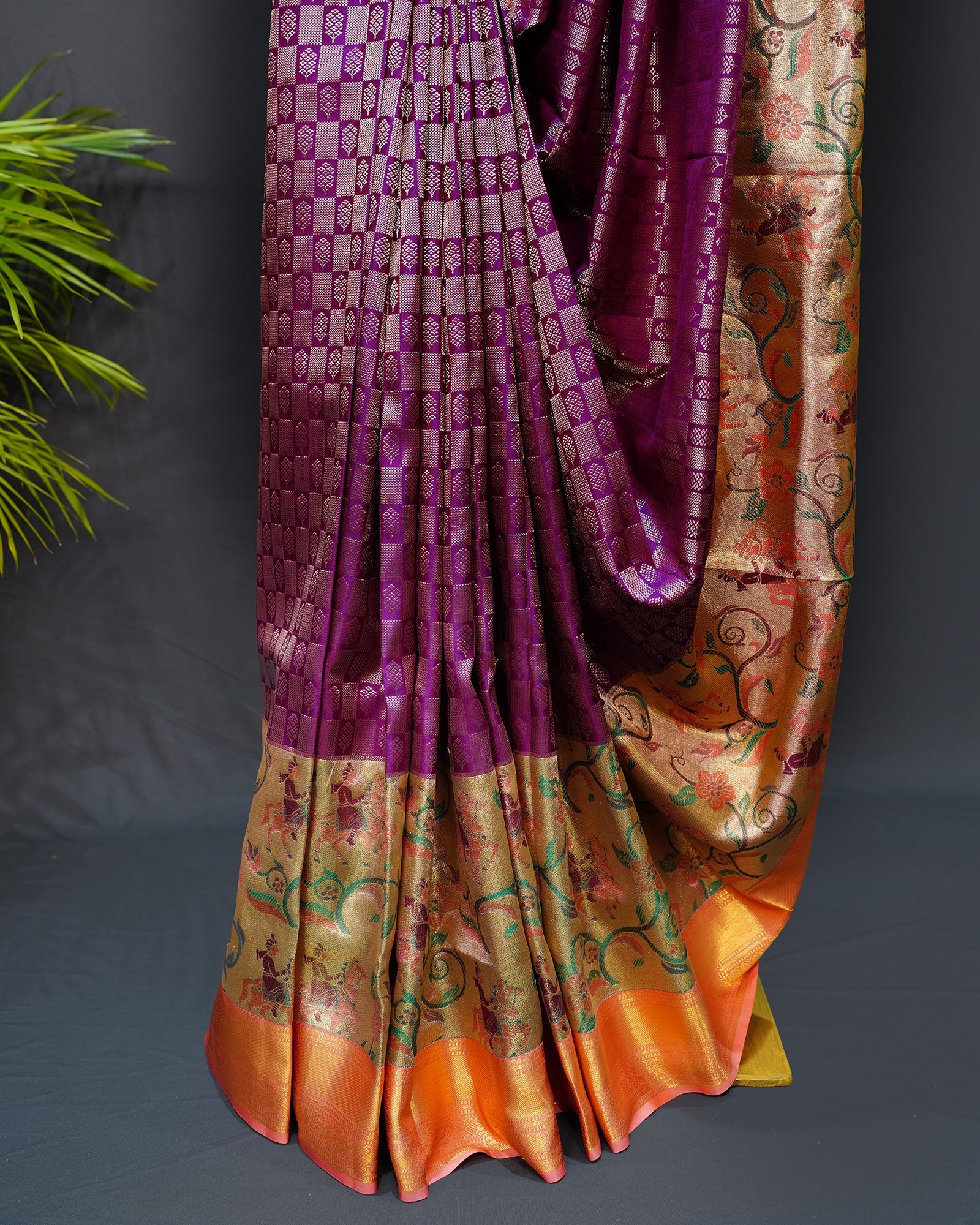 Majestic Purple Brocade Checks with Meenakari Paithani Elegance