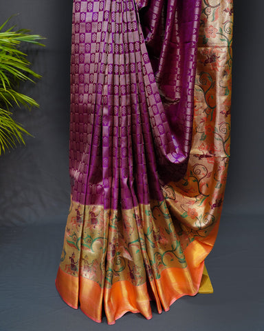 Majestic Purple Brocade Checks with Meenakari Paithani Elegance