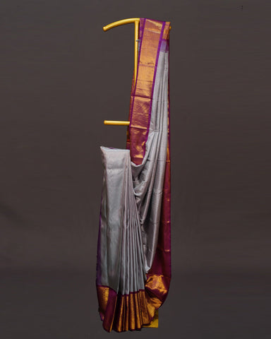 Elegant Grey Kanjivaram Silk Saree with Maroon Contrast