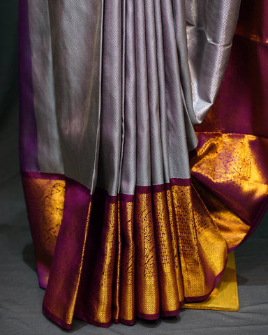 Elegant Grey Kanjivaram Silk Saree with Maroon Contrast
