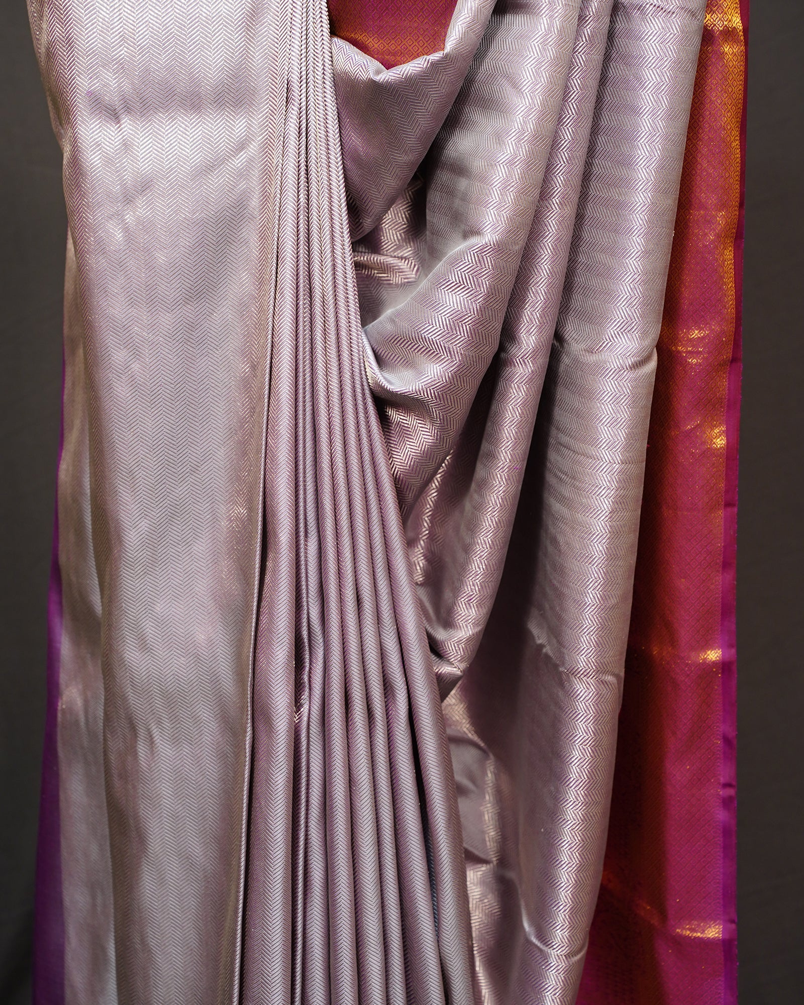 Elegant Grey Kanjivaram Silk Saree with Maroon Contrast