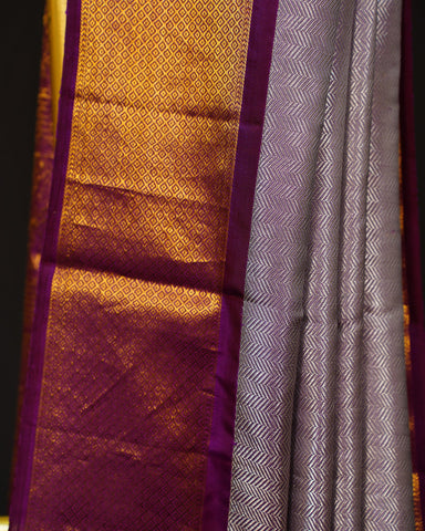 Elegant Grey Kanjivaram Silk Saree with Maroon Contrast