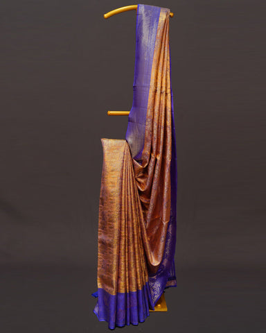 Regal Gold Tissue Kanjivaram Silk Saree with Contrast Blue Elegance