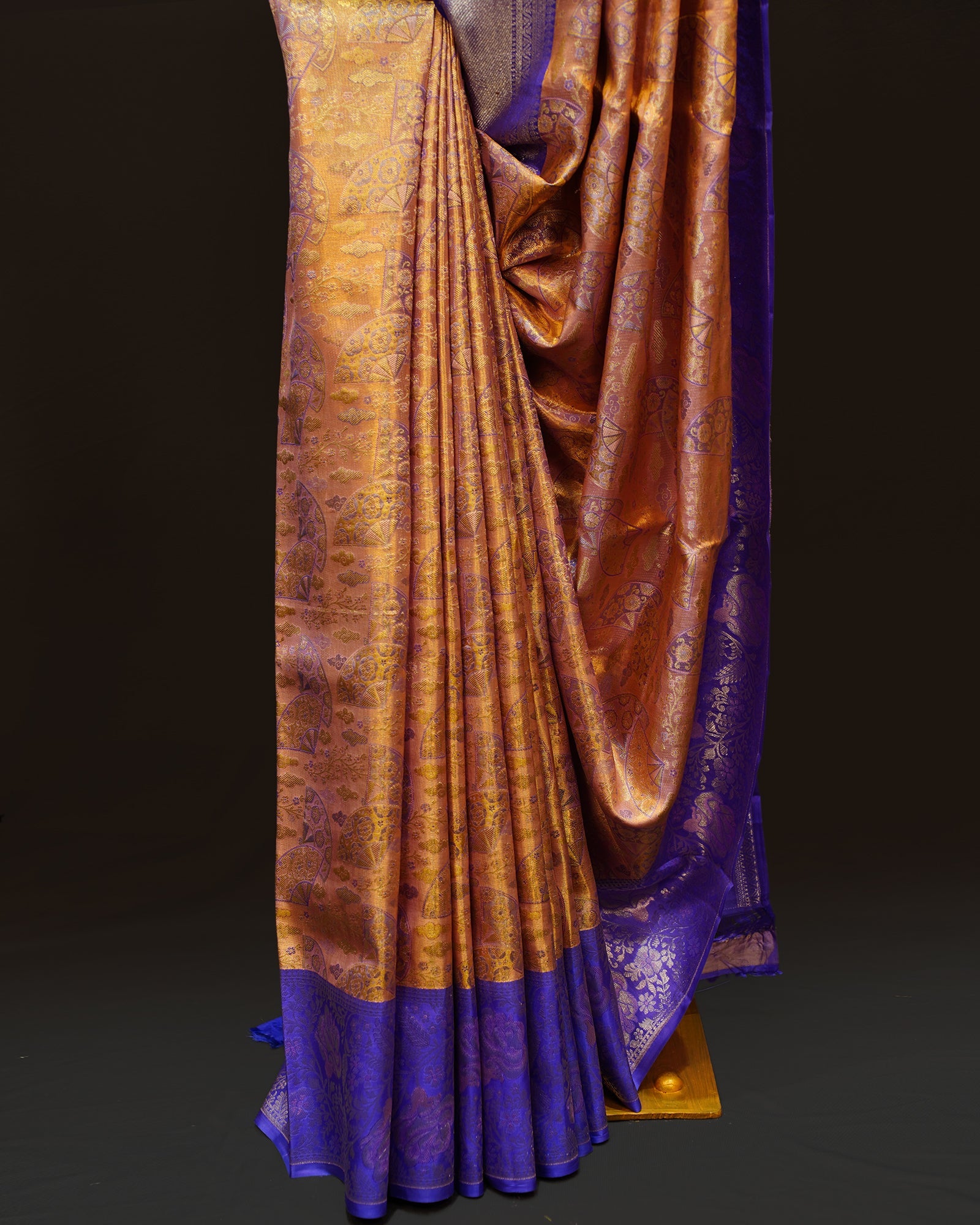 Regal Gold Tissue Kanjivaram Silk Saree with Contrast Blue Elegance