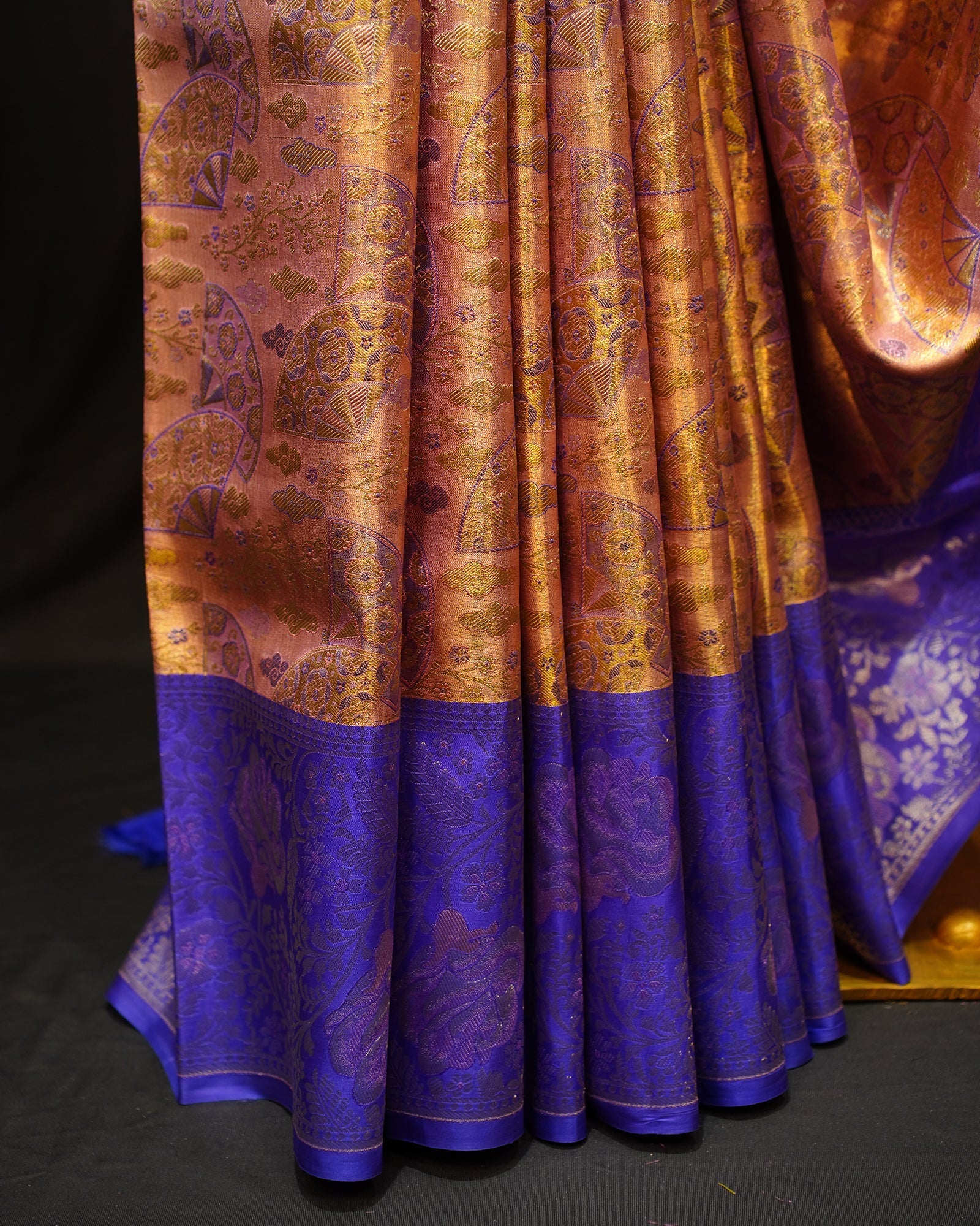 Regal Gold Tissue Kanjivaram Silk Saree with Contrast Blue Elegance
