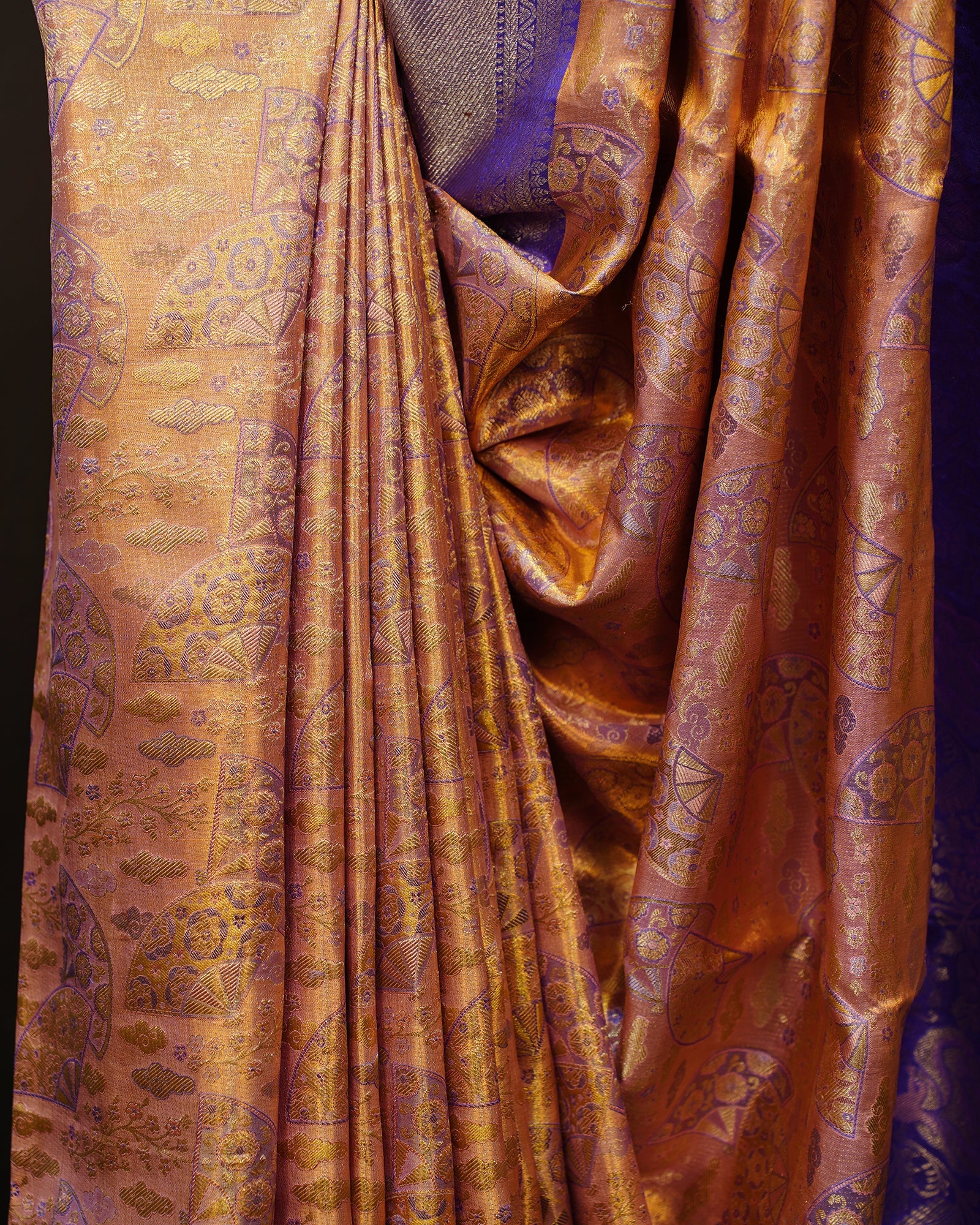 Regal Gold Tissue Kanjivaram Silk Saree with Contrast Blue Elegance