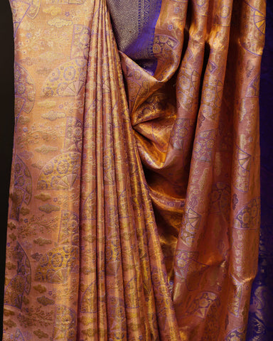 Regal Gold Tissue Kanjivaram Silk Saree with Contrast Blue Elegance