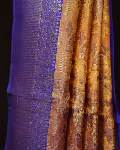 Regal Gold Tissue Kanjivaram Silk Saree with Contrast Blue Elegance