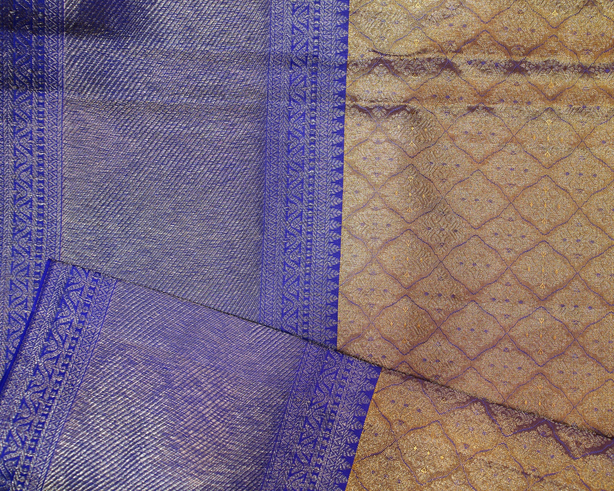 Regal Gold Tissue Kanjivaram Silk Saree with Contrast Blue Elegance
