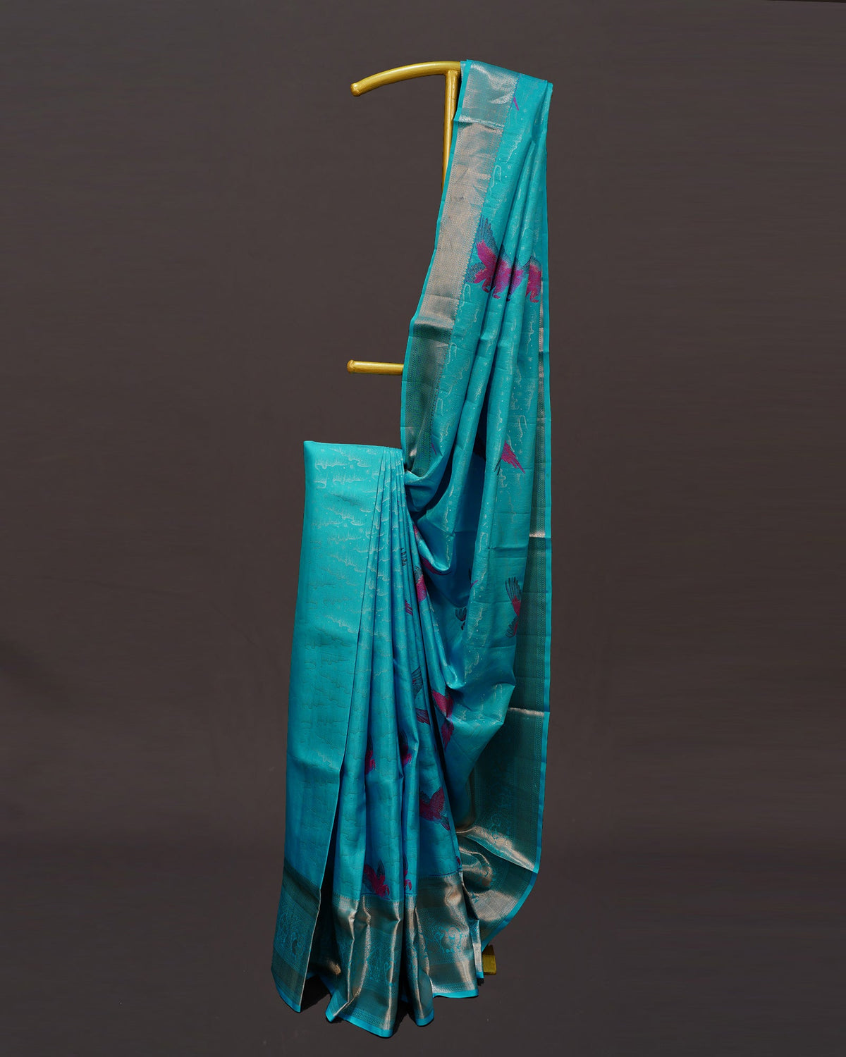 Enchanting Aqua Elegance – Meenakari Bird Weaves in Kanjivaram Silk