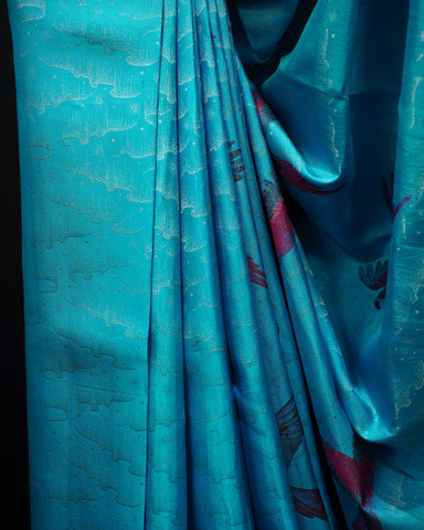 Enchanting Aqua Elegance – Meenakari Bird Weaves in Kanjivaram Silk