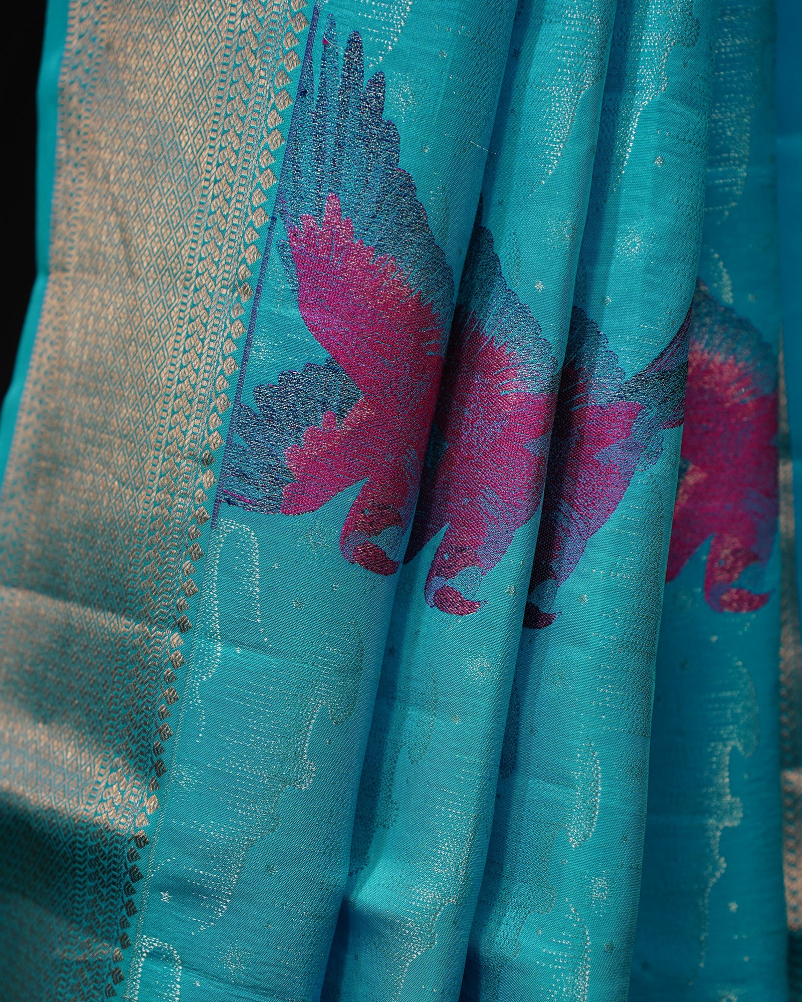 Enchanting Aqua Elegance – Meenakari Bird Weaves in Kanjivaram Silk