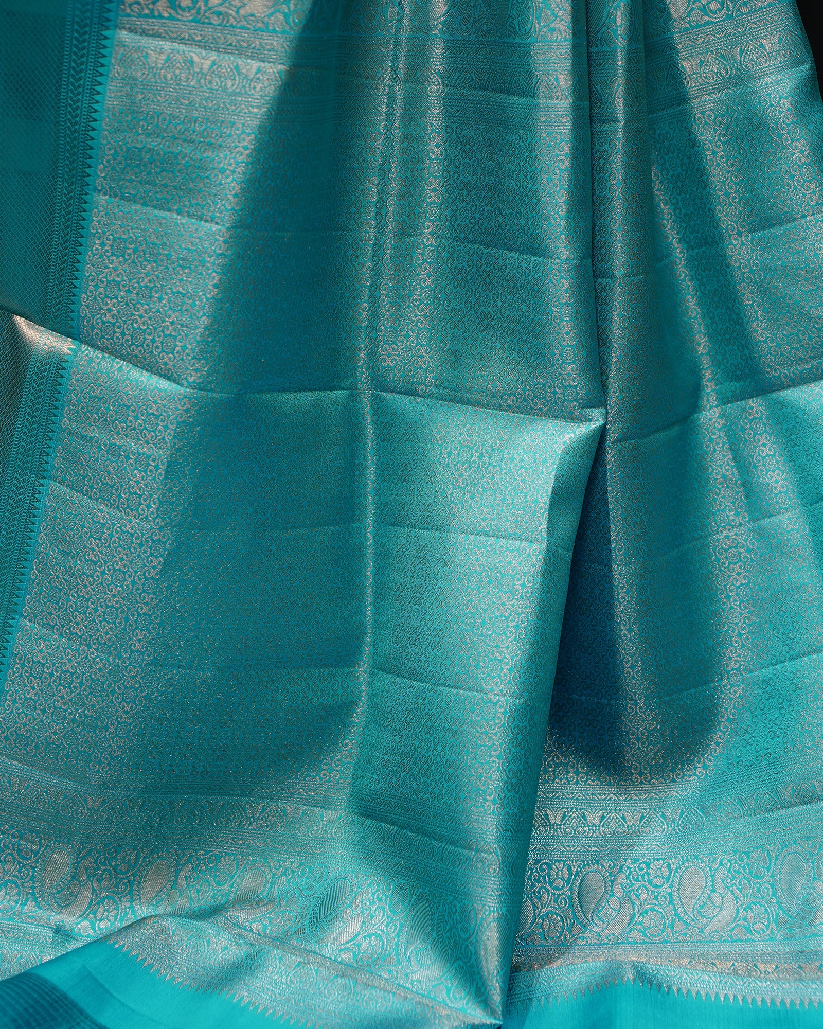 Enchanting Aqua Elegance – Meenakari Bird Weaves in Kanjivaram Silk