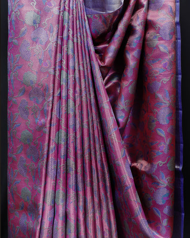 Graceful Pink Kanjivaram Silk Saree with Contrast Blue Elegance