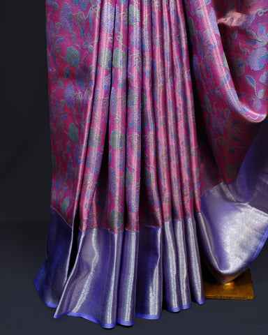 Graceful Pink Kanjivaram Silk Saree with Contrast Blue Elegance