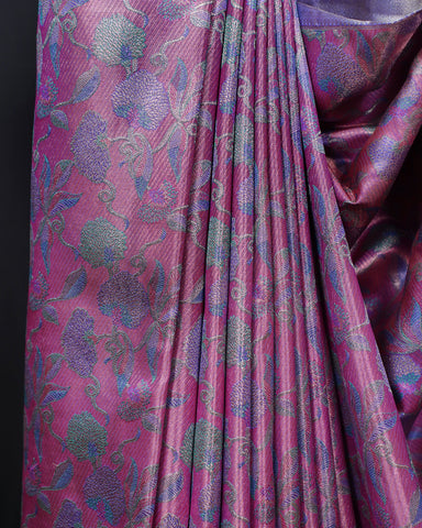 Graceful Pink Kanjivaram Silk Saree with Contrast Blue Elegance