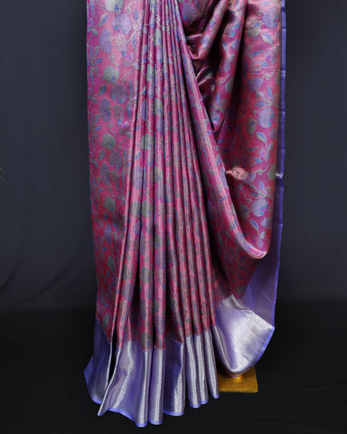 Graceful Pink Kanjivaram Silk Saree with Contrast Blue Elegance