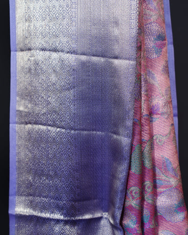 Graceful Pink Kanjivaram Silk Saree with Contrast Blue Elegance