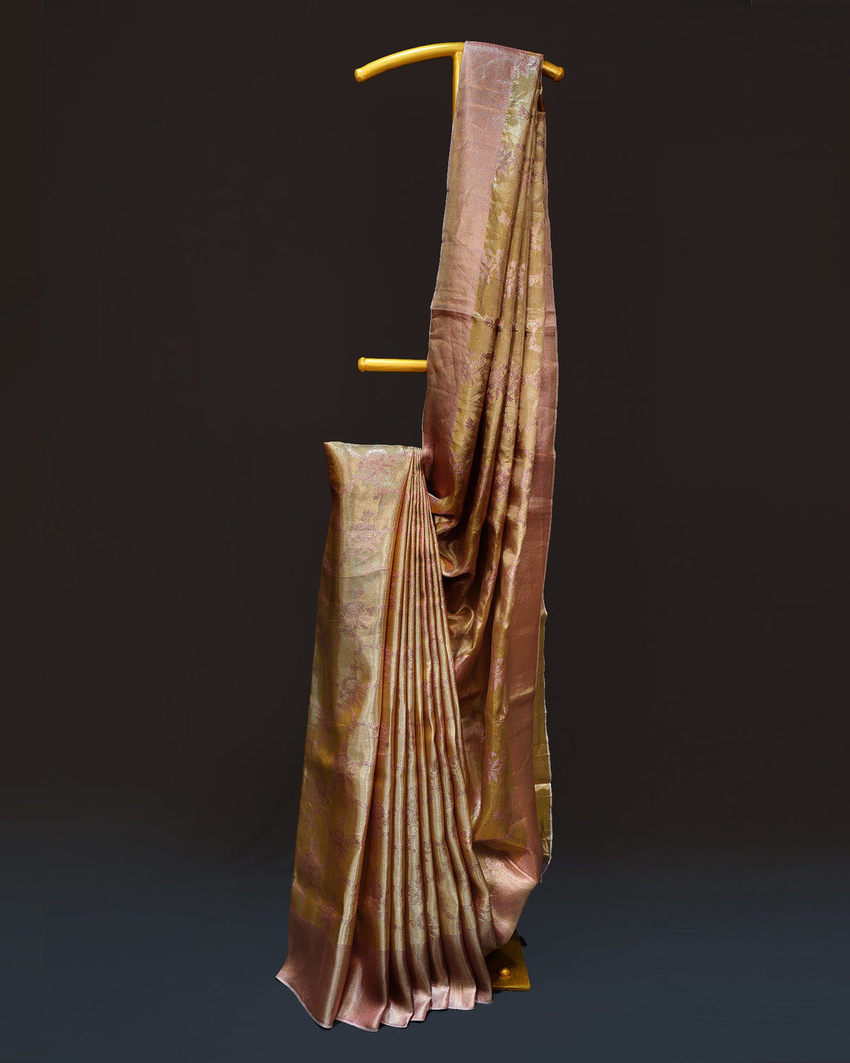 Elegant Rose Gold Tissue Kanjivaram Silk Saree with Floral Charm