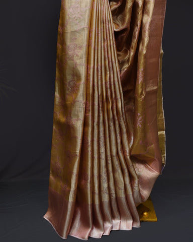 Elegant Rose Gold Tissue Kanjivaram Silk Saree with Floral Charm