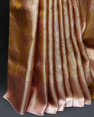 Elegant Rose Gold Tissue Kanjivaram Silk Saree with Floral Charm