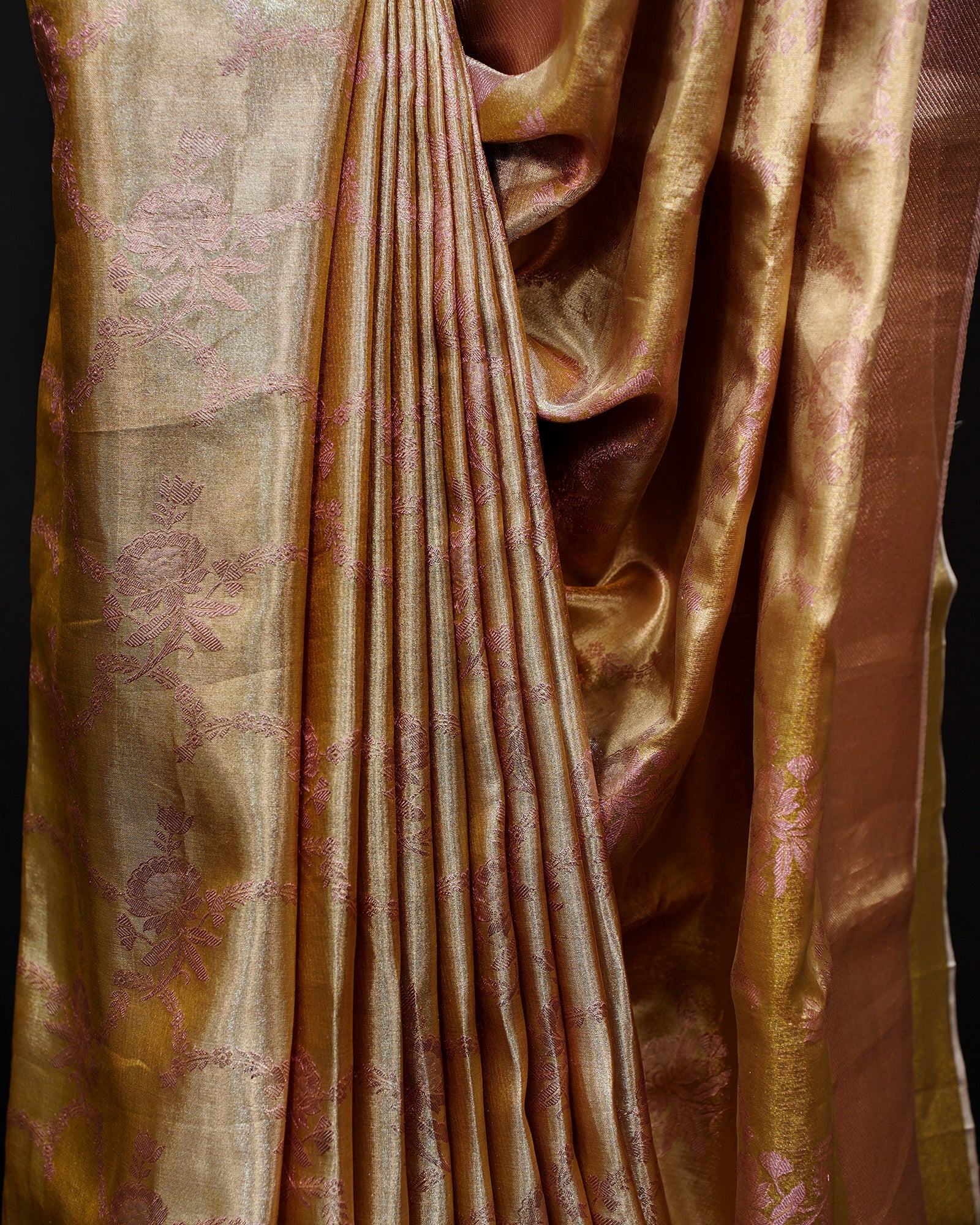 Elegant Rose Gold Tissue Kanjivaram Silk Saree with Floral Charm