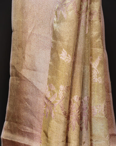 Elegant Rose Gold Tissue Kanjivaram Silk Saree with Floral Charm