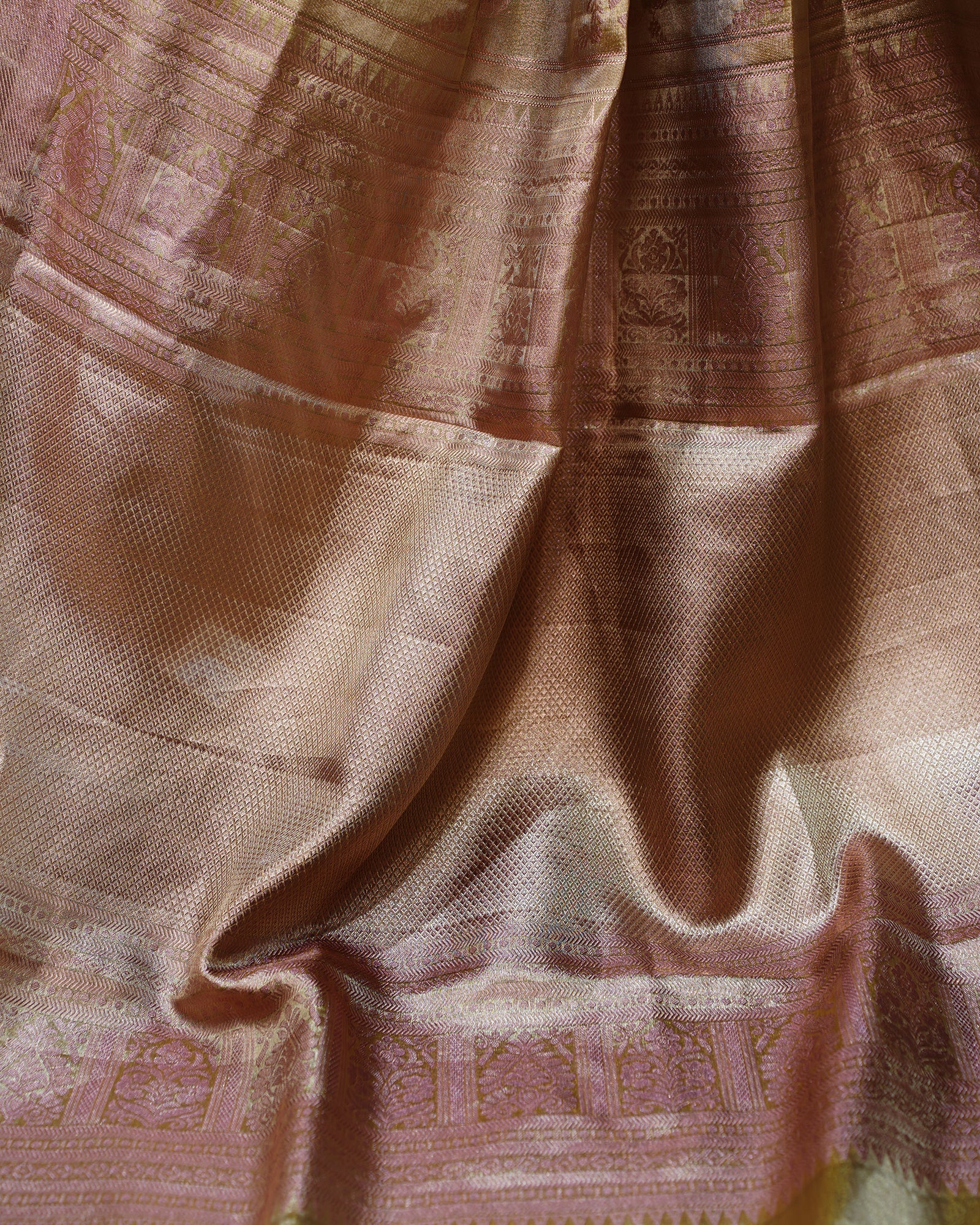 Elegant Rose Gold Tissue Kanjivaram Silk Saree with Floral Charm