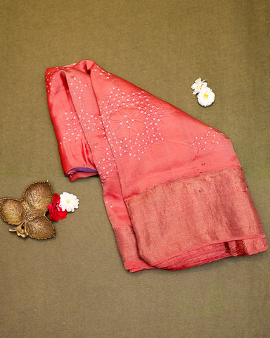 Peach pink bandhani silk saree