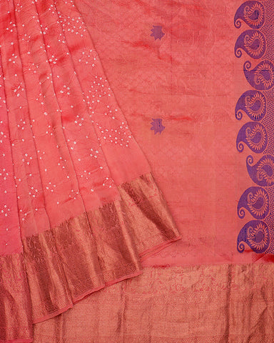 Peach pink bandhani silk saree