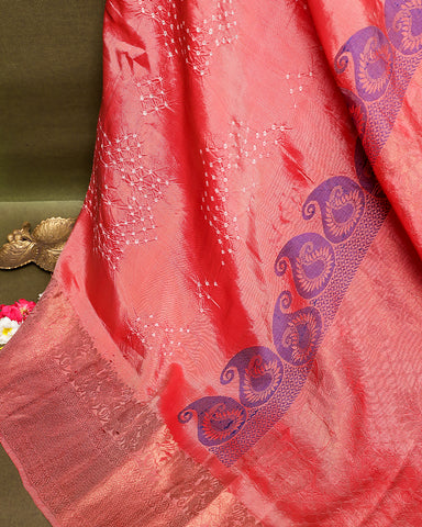 Peach pink bandhani silk saree