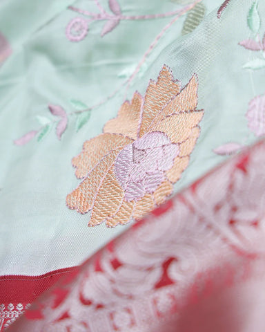 The Pastel Sea Green Embroidery Silk Saree