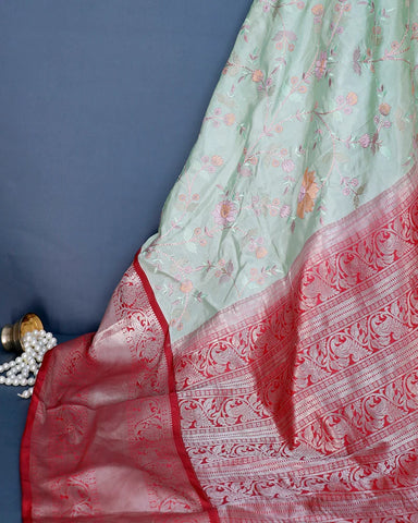 The Pastel Sea Green Embroidery Silk Saree