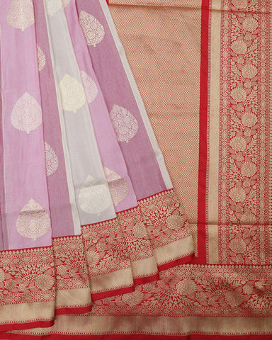 Off White And Purple Katan Banarasi Silk Saree